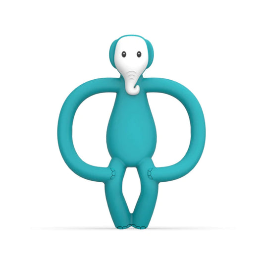 Echo Elephant Matchstick Monkey Teether shown upright with a turquoise silicone body, looped easy-hold arms and a smooth white elephant face designed for teething comfort.