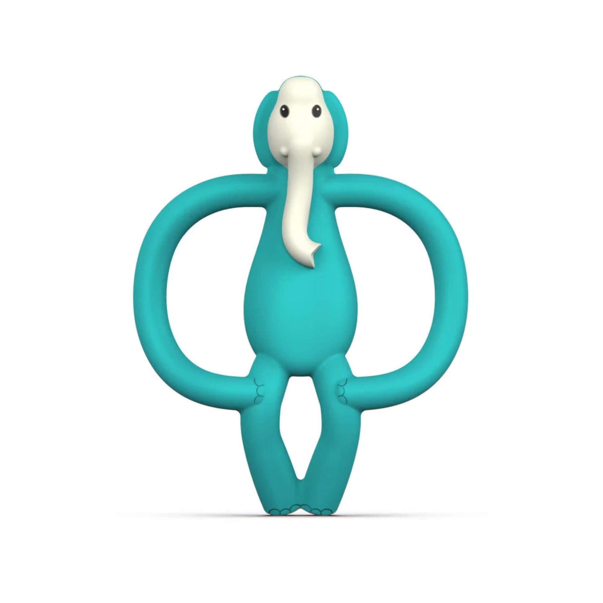 Matchstick Monkey Echo Elephant baby teether in turquoise silicone with cream trunk, standing upright with large easy-grip loop handles for little hands.