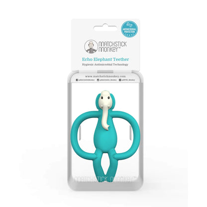 Retail blister packaging displaying elephant silicone teether with hygienic antimicrobial protection label and product branding on card insert.