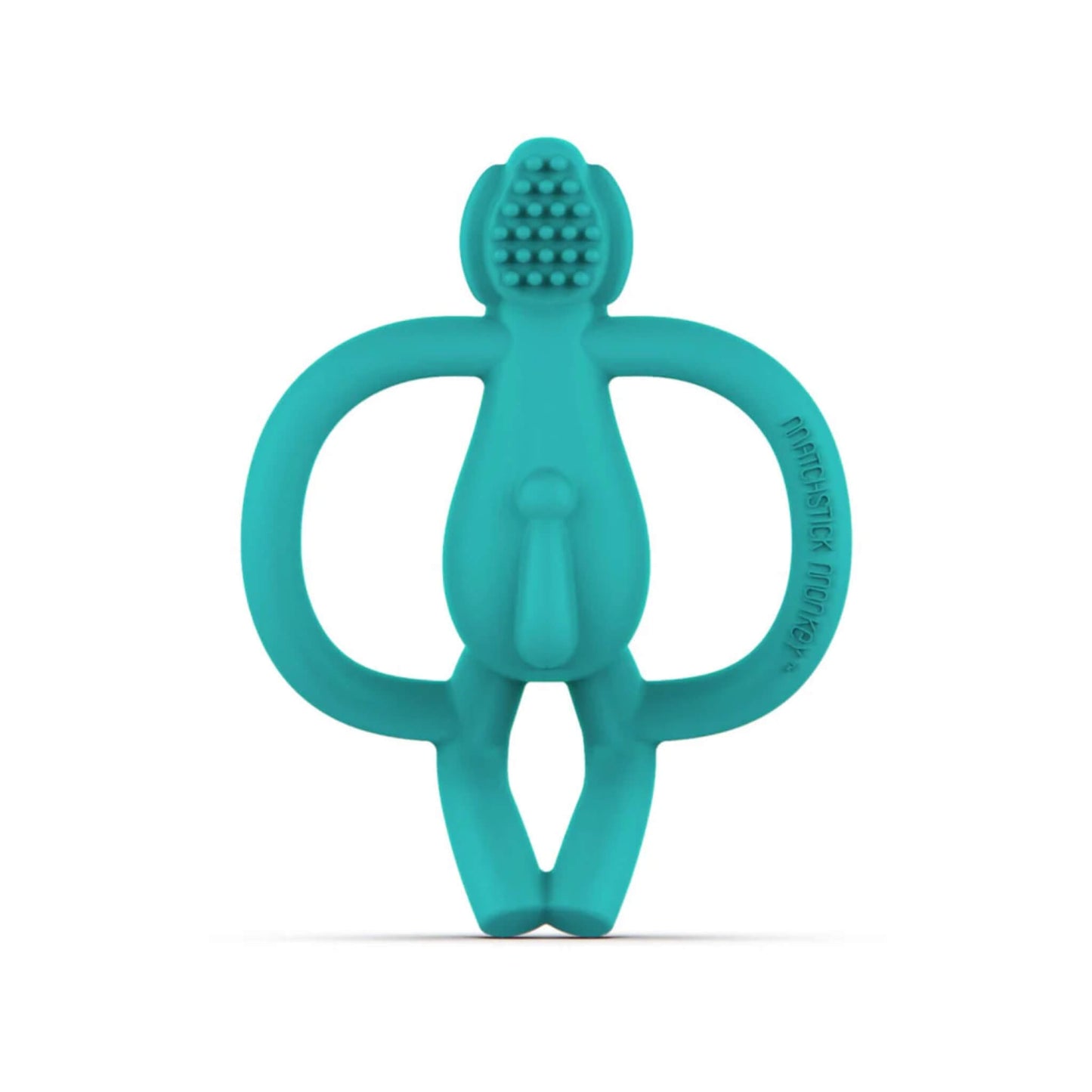 Back view of elephant teether revealing textured bristle bumps on head and smooth flexible silicone handles designed for chewing and soothing sore gums.