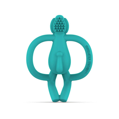Back view of elephant teether revealing textured bristle bumps on head and smooth flexible silicone handles designed for chewing and soothing sore gums.