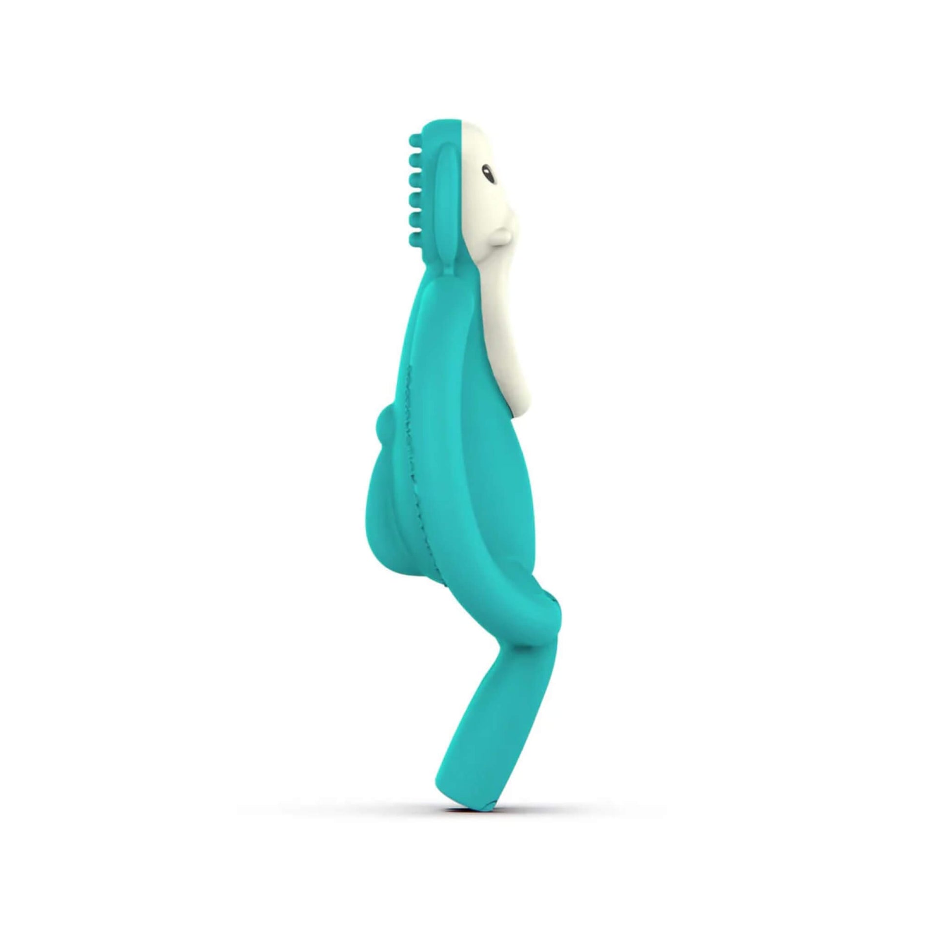 Side profile of turquoise elephant-shaped silicone teether showing slim body shape, curved handle loop and raised head texture for gum massage.