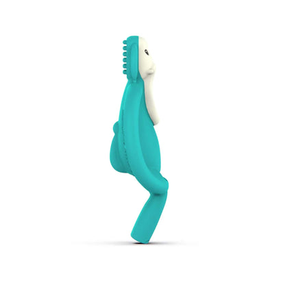 Side profile of turquoise elephant-shaped silicone teether showing slim body shape, curved handle loop and raised head texture for gum massage.
