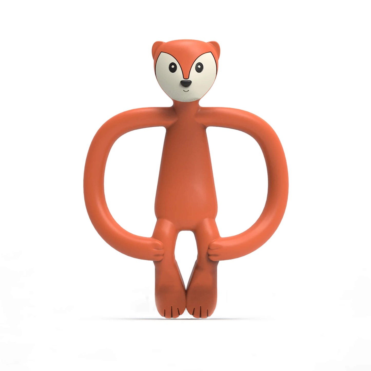 Fudge Fox Matchstick Monkey Animal Teether shown upright with its looped silicone arms, smooth body and friendly fox face on a plain background.