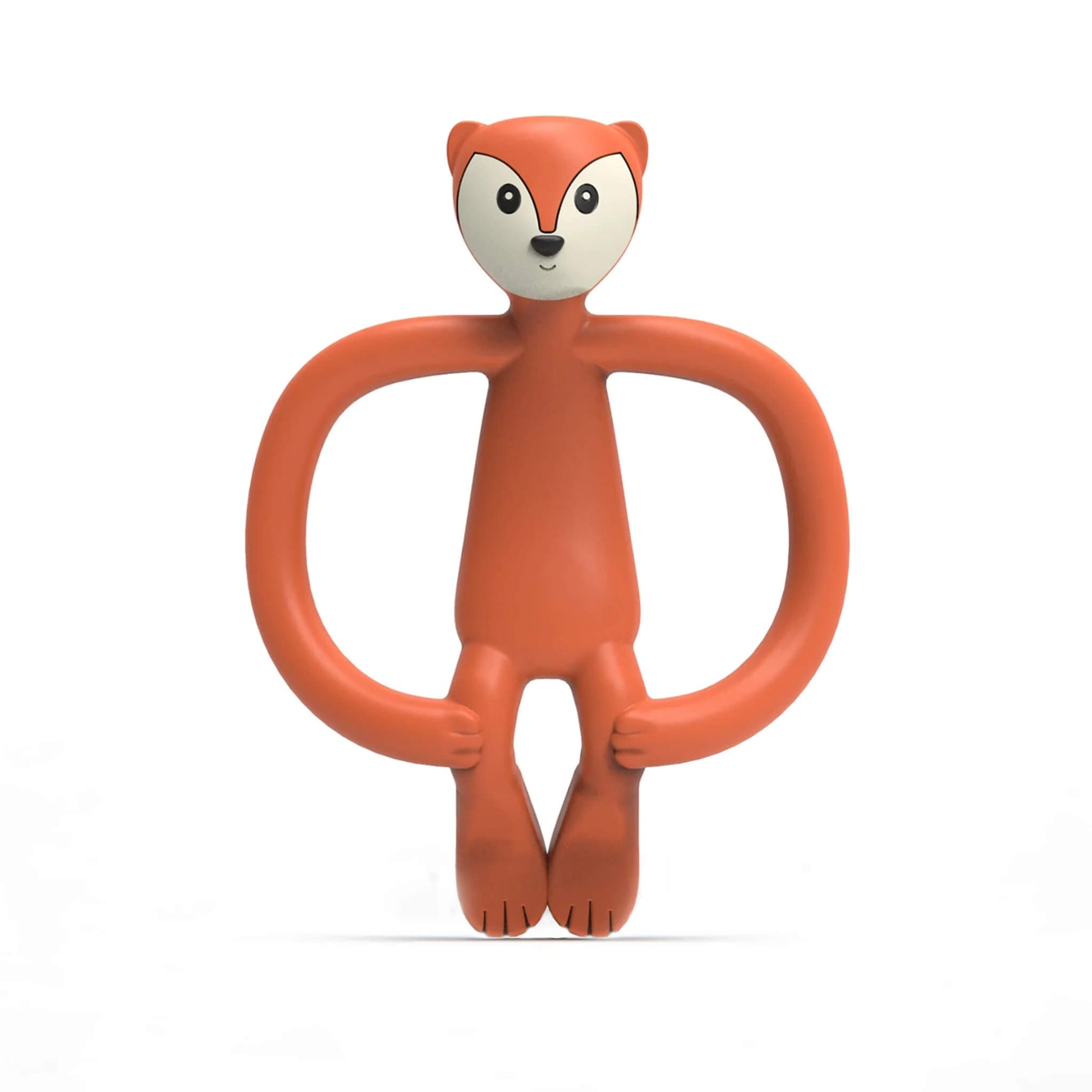Fudge Fox Matchstick Monkey Animal Teether shown upright with its looped silicone arms, smooth body and friendly fox face on a plain background.