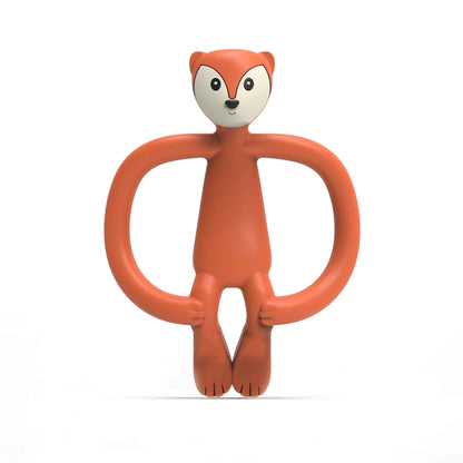 Fudge Fox Matchstick Monkey Animal Teether shown upright with its looped silicone arms, smooth body and friendly fox face on a plain background.