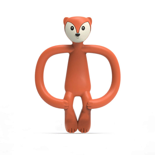 Fudge Fox Matchstick Monkey Animal Teether shown upright with its looped silicone arms, smooth body and friendly fox face on a plain background.
