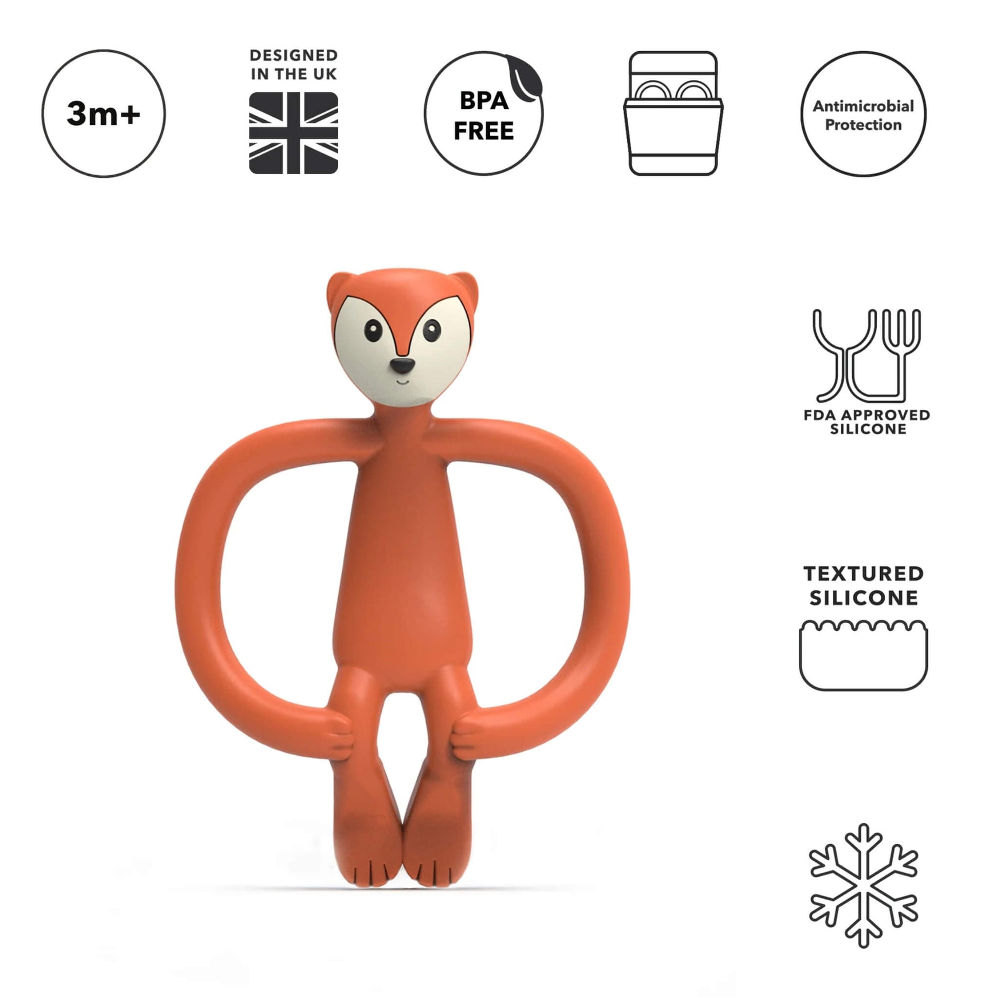 Baby teether with a burnt-orange fox design placed below a row of icons showing age suitability, BPA-free material, antimicrobial protection and textured silicone details.