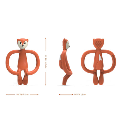 Baby teether shown from the front, side and back to illustrate its width, height and depth, including the raised texture on the head and tail details.