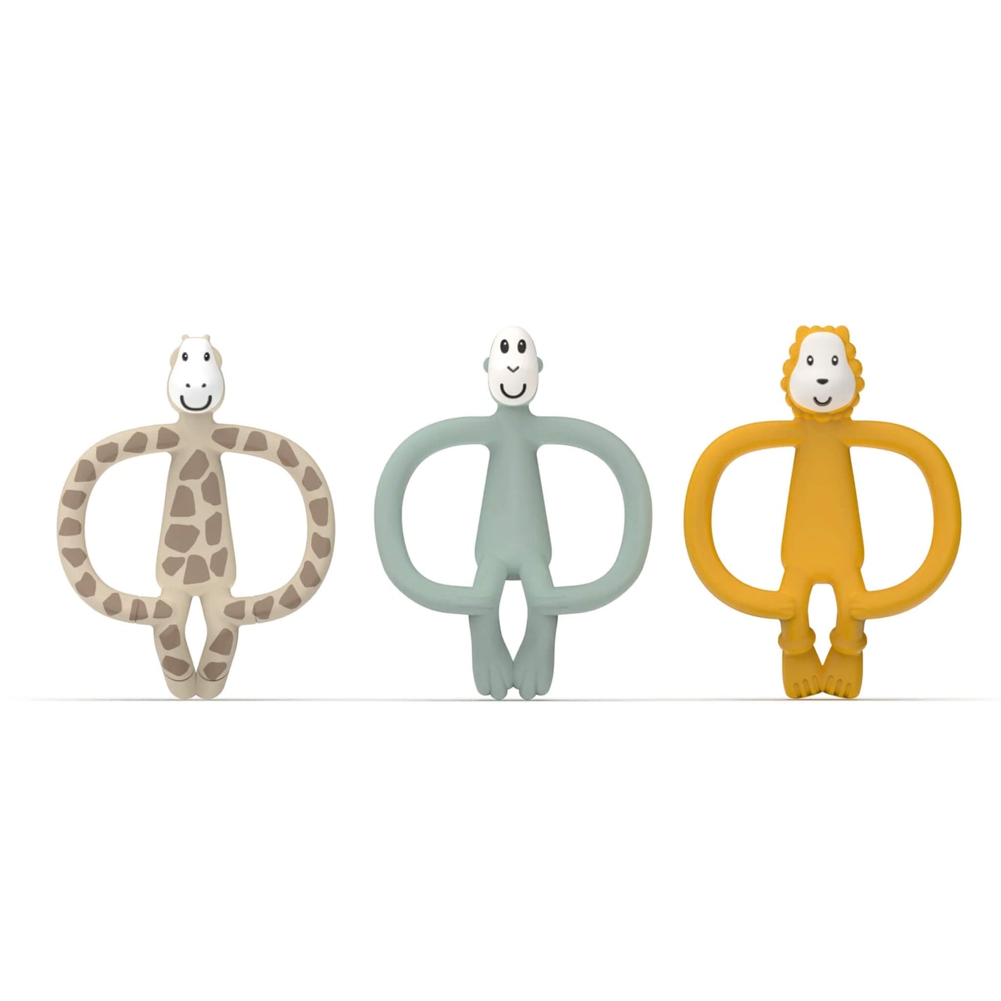 Matchstick Monkey Animal Teether Gift Set shown with three silicone animal-shaped teethers in giraffe, monkey and lion designs arranged side by side on a plain backdrop.