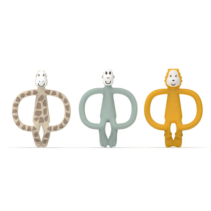 Matchstick Monkey Animal Teether Gift Set shown with three silicone animal-shaped teethers in giraffe, monkey and lion designs arranged side by side on a plain backdrop.