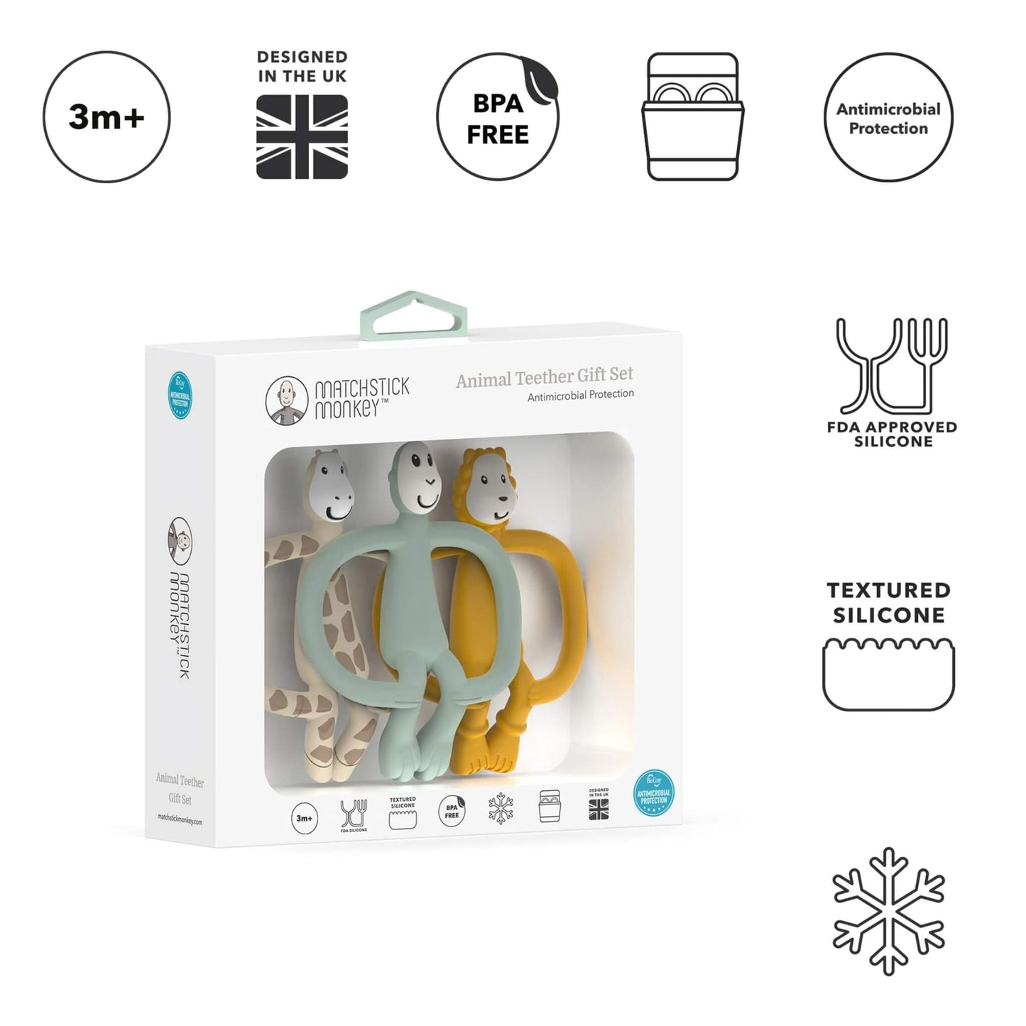 A boxed set displayed upright in white packaging containing three silicone animal-shaped teethers in beige, sage green and mustard, surrounded by simple feature icons.