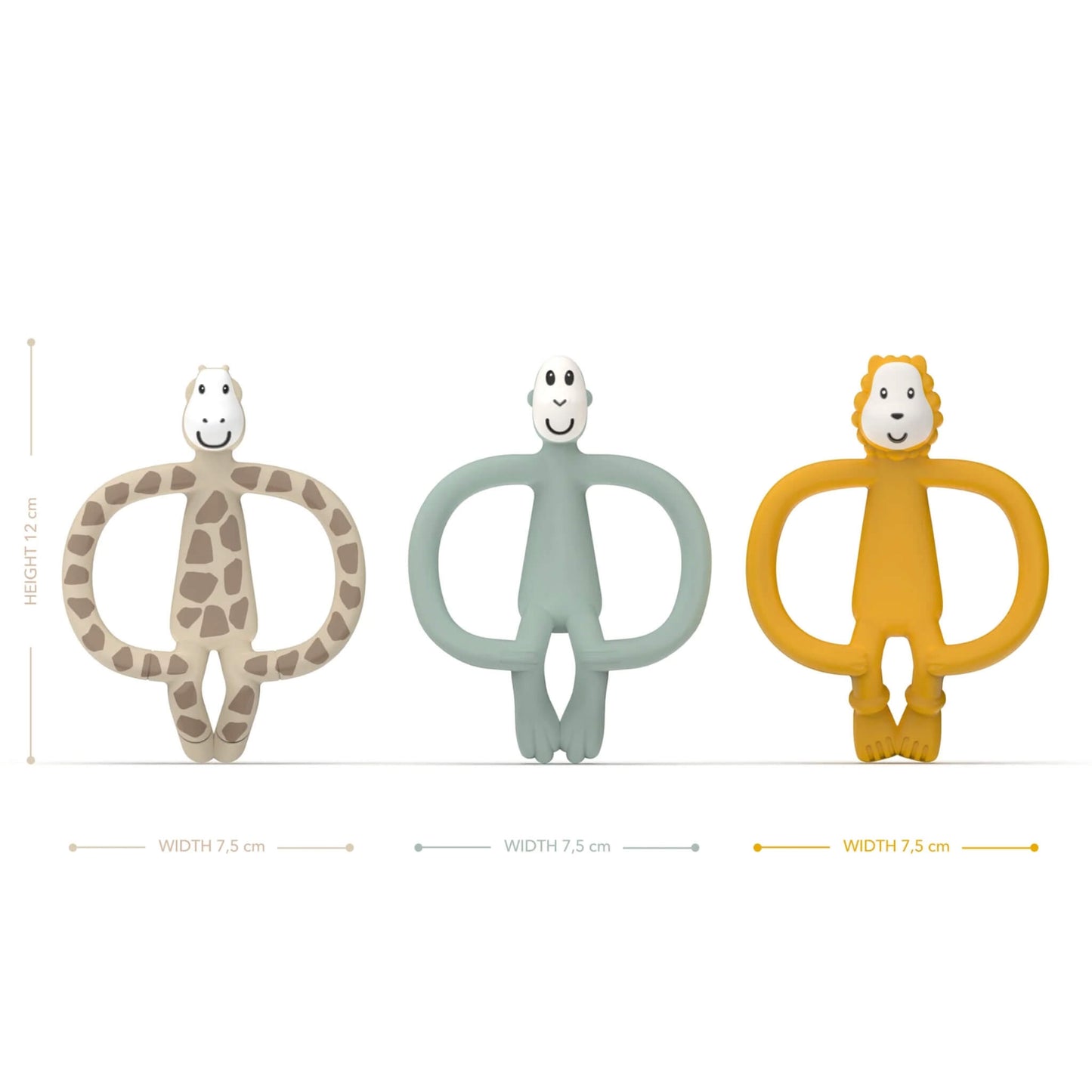 Three silicone animal-shaped teethers in beige, sage green and mustard shown upright with height and width measurements placed next to each design.