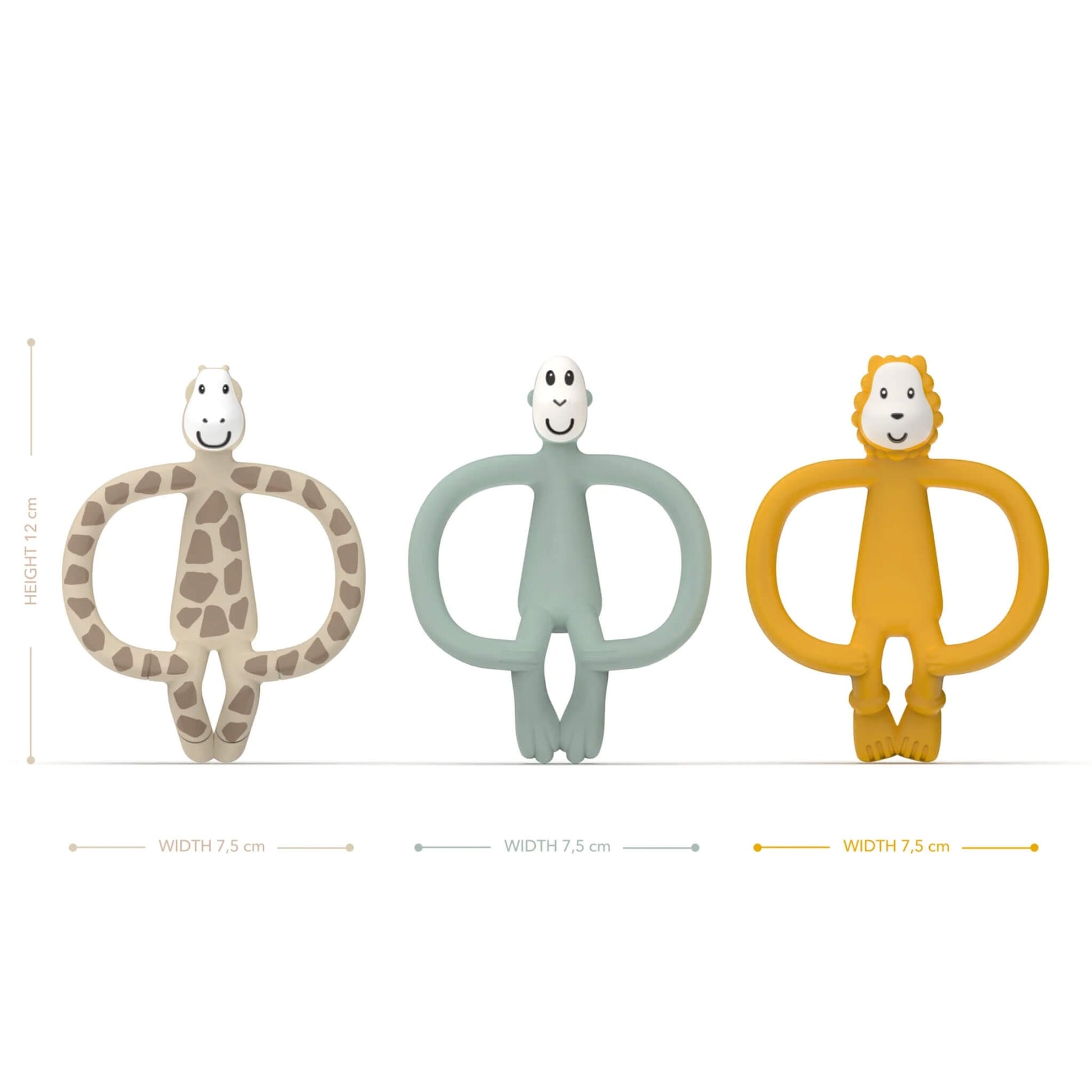 Three silicone animal-shaped teethers in beige, sage green and mustard shown upright with height and width measurements placed next to each design.