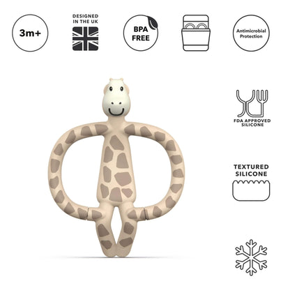A beige giraffe-shaped teething toy standing upright on a white background with simple icons above it showing age suitability, BPA-free material and textured silicone details.