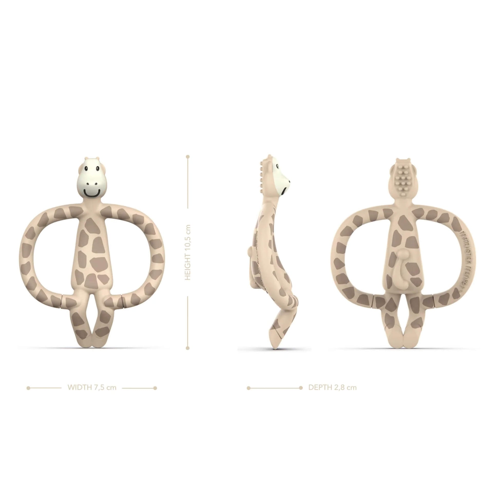 A giraffe-shaped silicone teether shown in three angles on a white background, including front, side and back views, with small measurement markers placed around each view.