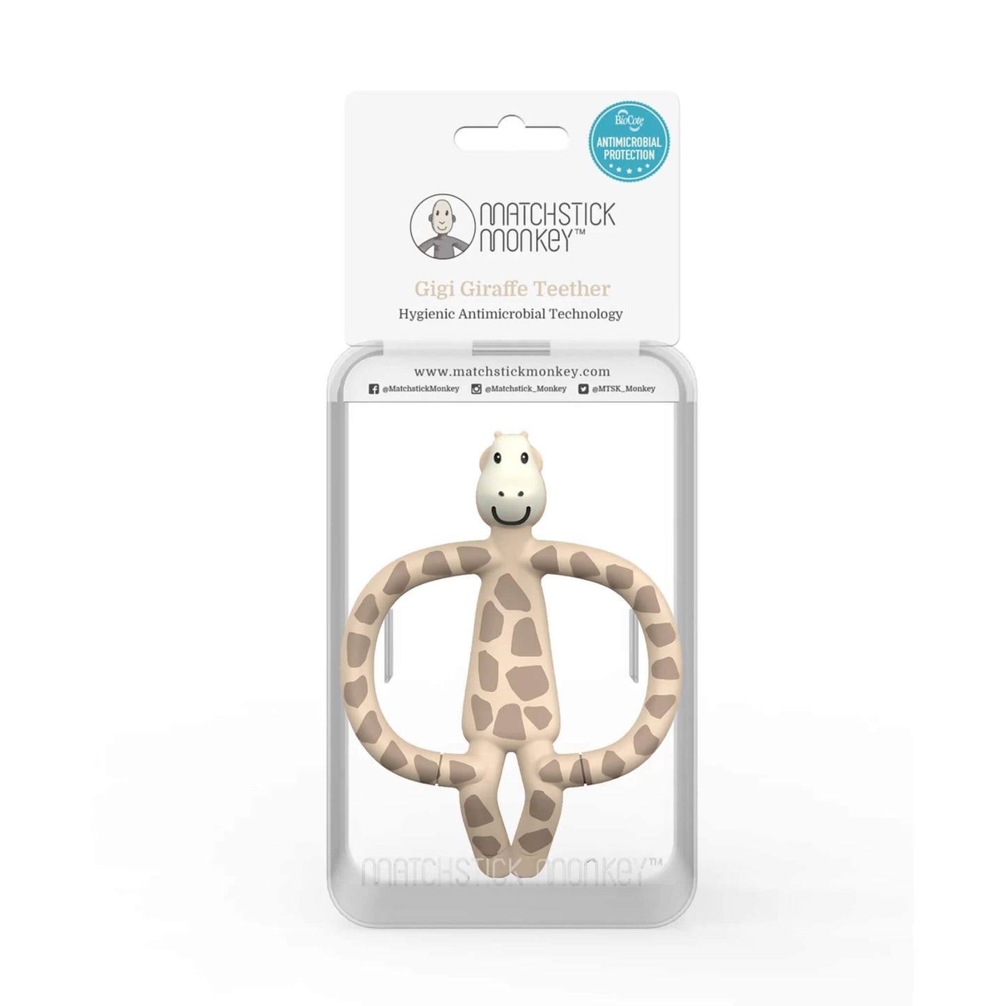 A giraffe-shaped silicone teether displayed inside clear retail packaging with a white backing card and product branding visible at the top.