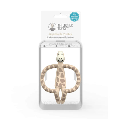 A giraffe-shaped silicone teether displayed inside clear retail packaging with a white backing card and product branding visible at the top.