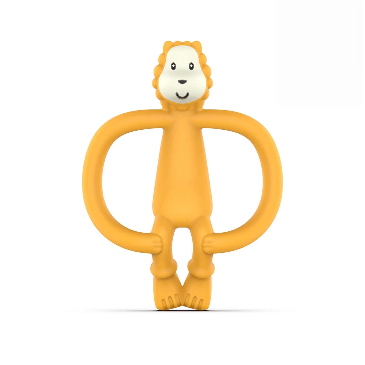Ludo Lion Matchstick Monkey Animal Teether shown upright with wide looped handles and a smiling lion face.