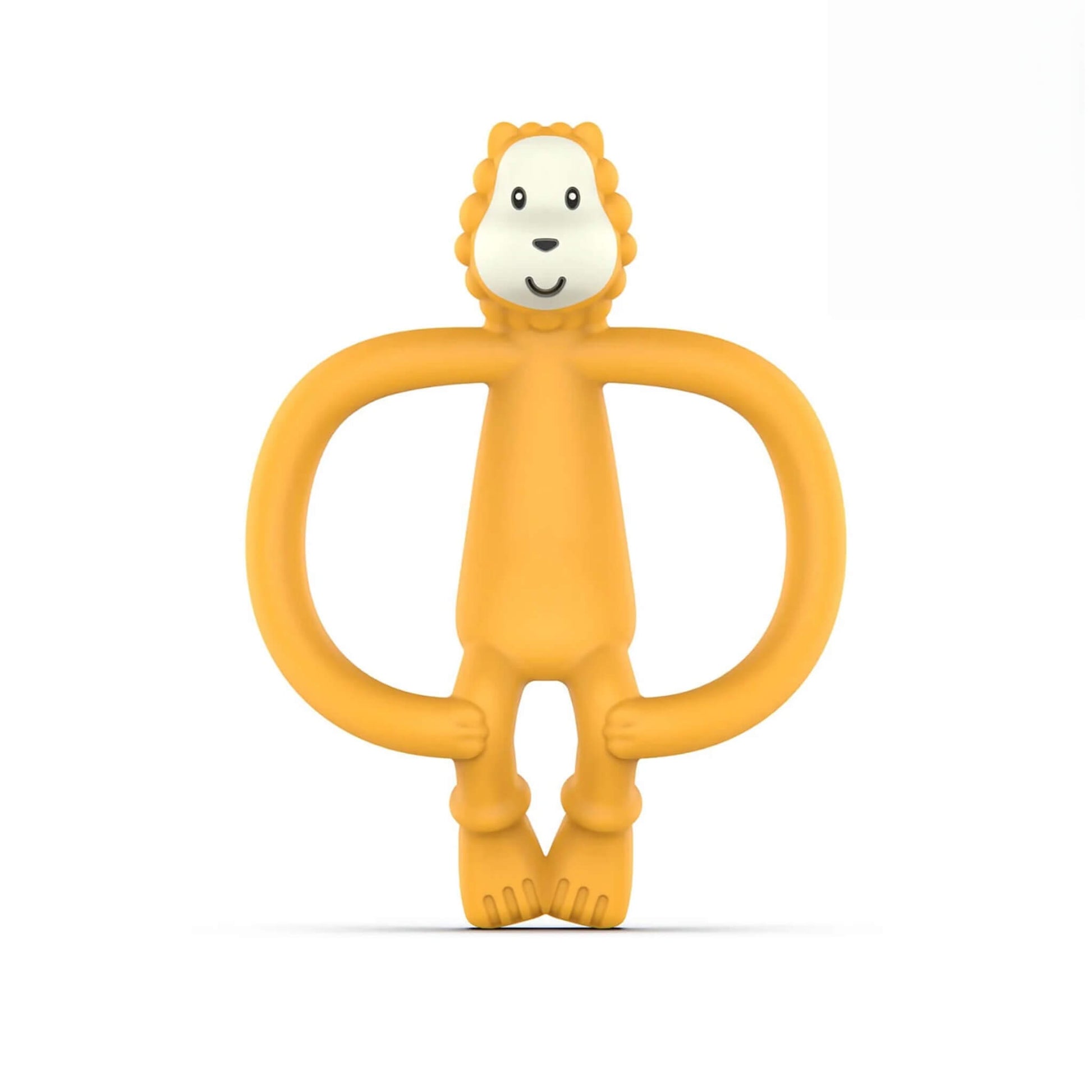 Ludo Lion Matchstick Monkey Animal Teether shown upright with wide looped handles and a smiling lion face.