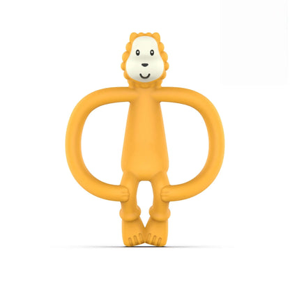 Ludo Lion Matchstick Monkey Animal Teether shown upright with wide looped handles and a smiling lion face.