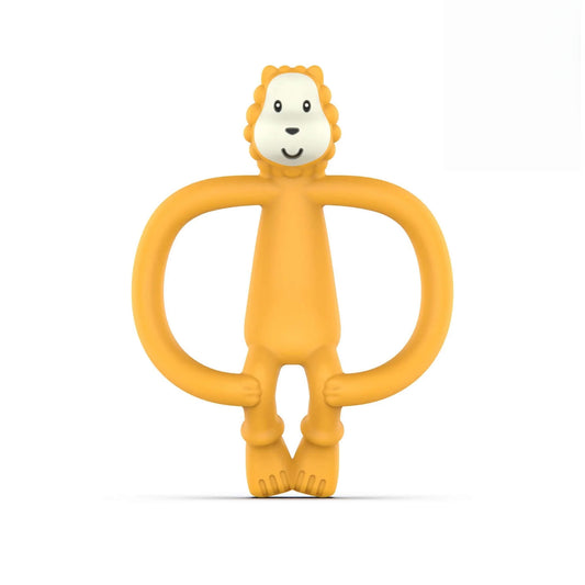 Ludo Lion Matchstick Monkey Animal Teether shown upright with wide looped handles and a smiling lion face.