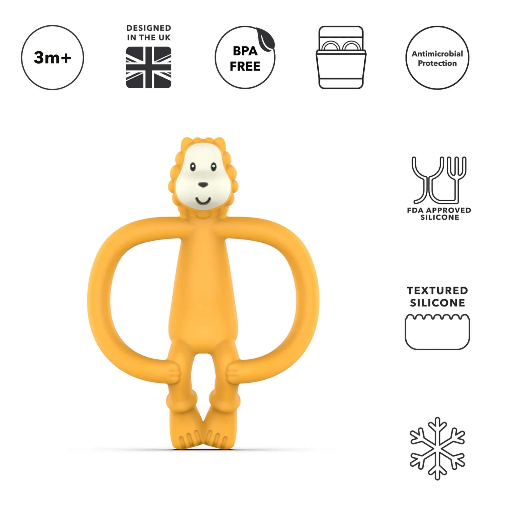 A yellow silicone lion-shaped teether displayed against a plain background with icons showing age suitability and material features.