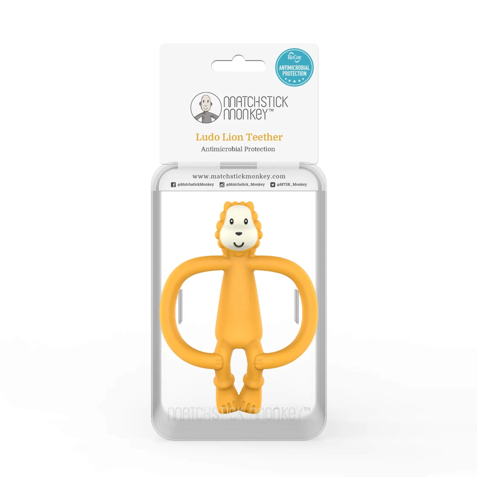 A yellow lion teether packaged inside a clear plastic hanging box with a card insert showing the character illustration.