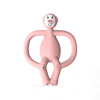 Pickle Pig Matchstick Monkey Animal Teether shown upright in soft pink silicone with wide looped handles and a smiling pig face.