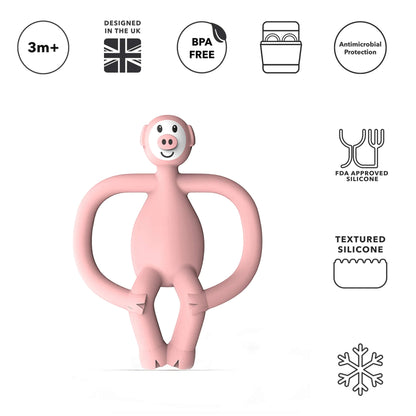 A soft pink silicone teether with wide looped handles shown with icons highlighting age suitability, BPA-free material and antimicrobial protection.