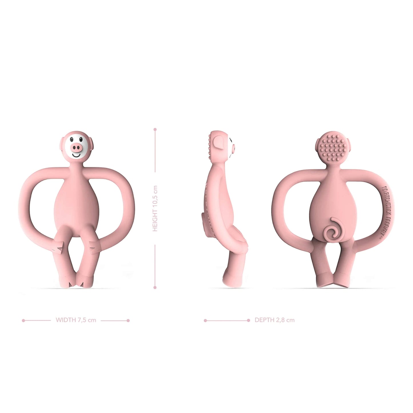 A pink pig shaped teether shown from the front, side and back to display its textured bumps, curved tail detail and overall dimensions.