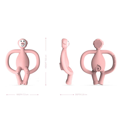 A pink pig shaped teether shown from the front, side and back to display its textured bumps, curved tail detail and overall dimensions.