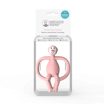 A pink baby teether packaged inside a clear hanging box with a branded card insert above it.