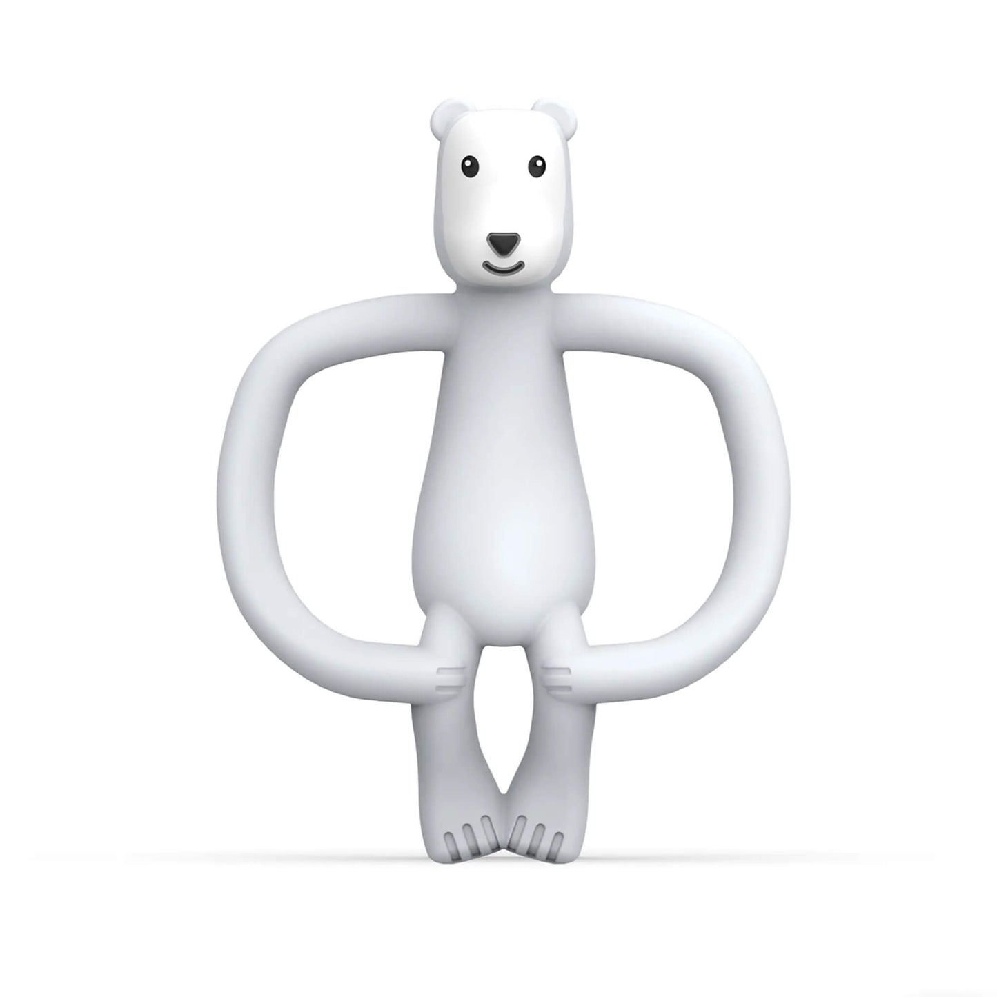Pomelo Polar Bear  Matchstick Monkey Teether shown upright with its rounded easy-grip arms and soft silicone body designed for teething relief.