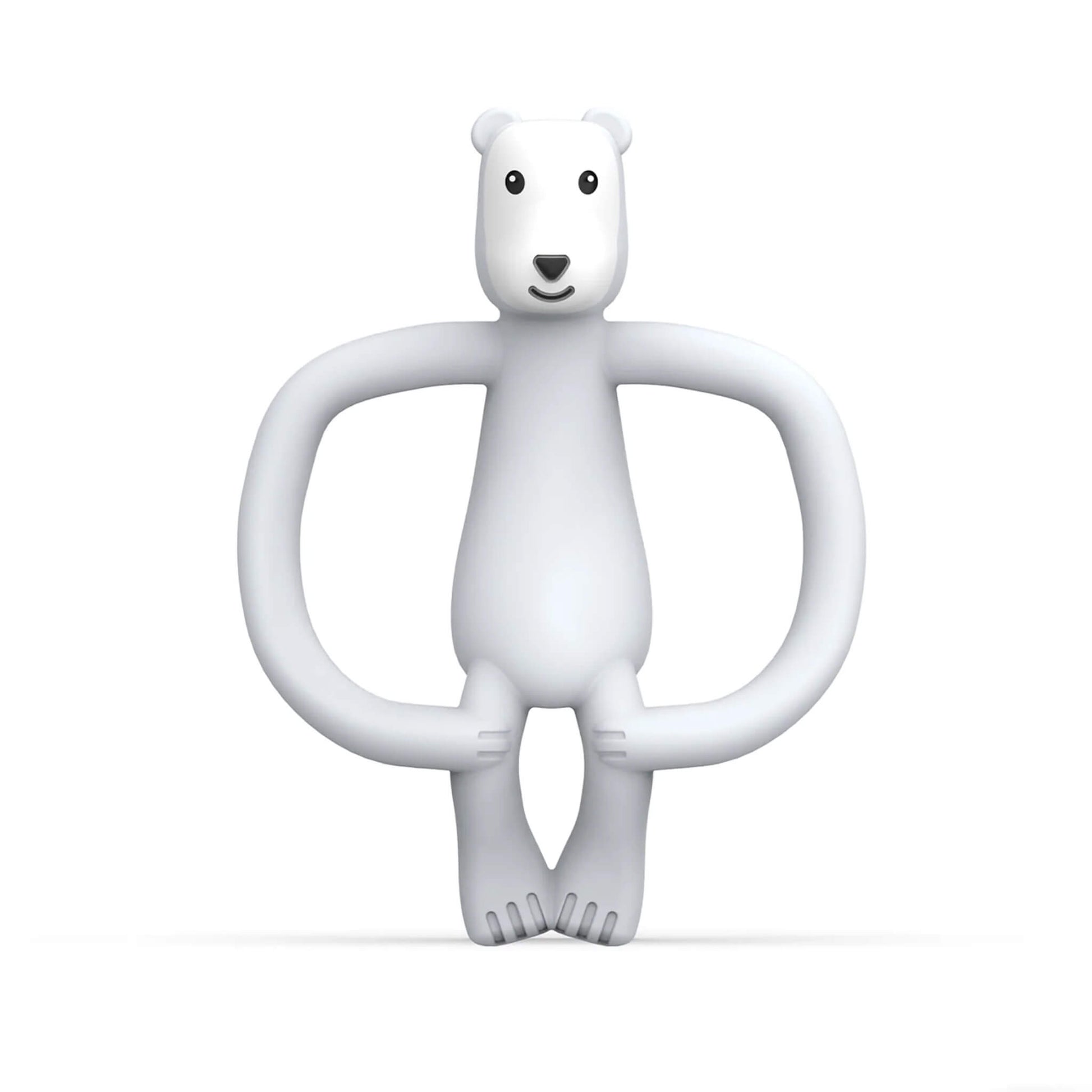 Pomelo Polar Bear  Matchstick Monkey Teether shown upright with its rounded easy-grip arms and soft silicone body designed for teething relief.
