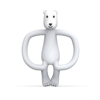 Pomelo Polar Bear  Matchstick Monkey Teether shown upright with its rounded easy-grip arms and soft silicone body designed for teething relief.