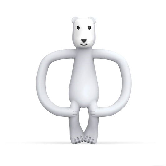 Pomelo Polar Bear  Matchstick Monkey Teether shown upright with its rounded easy-grip arms and soft silicone body designed for teething relief.