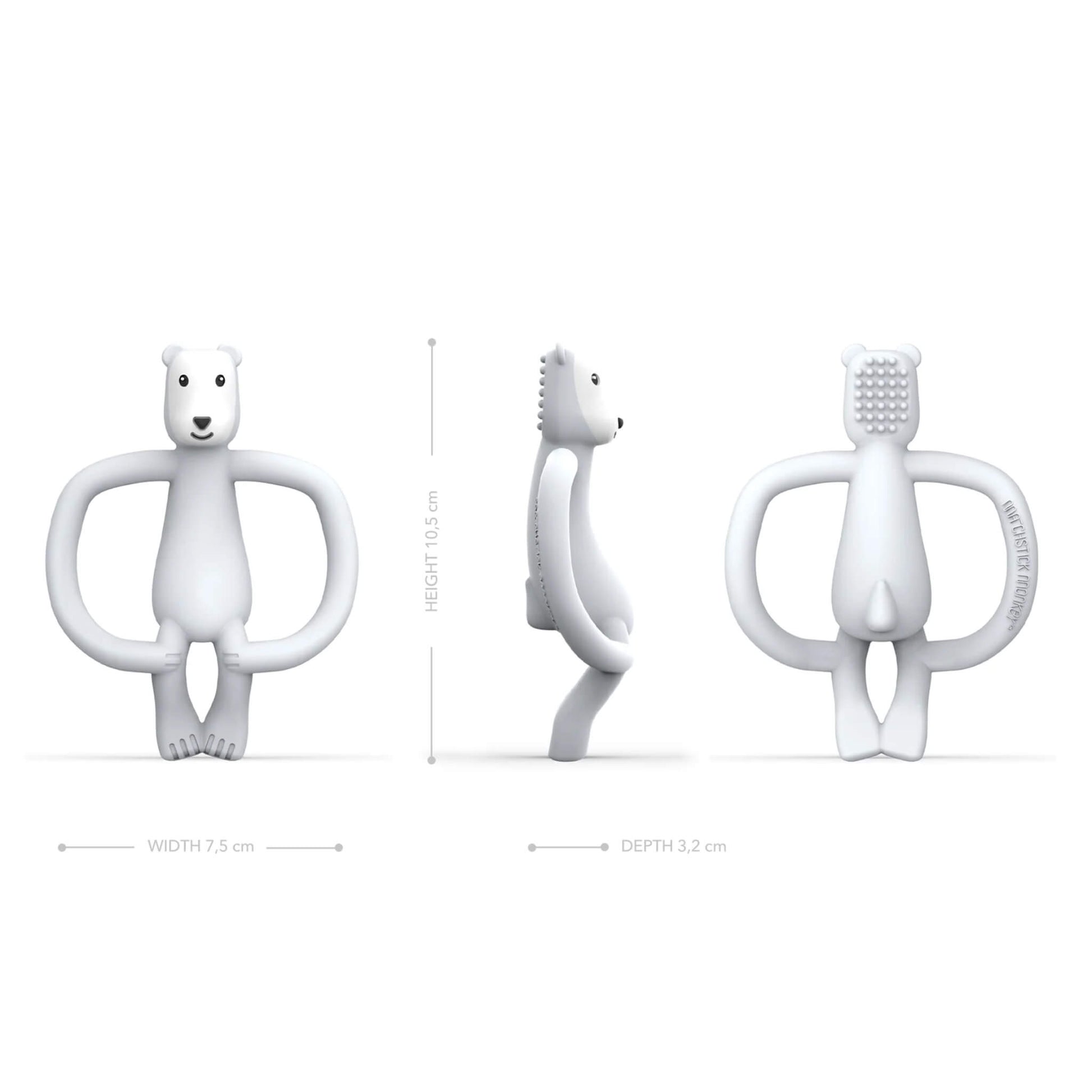 A white polar bear teether shown from the front, side and back with measurements illustrating its height, width and depth.