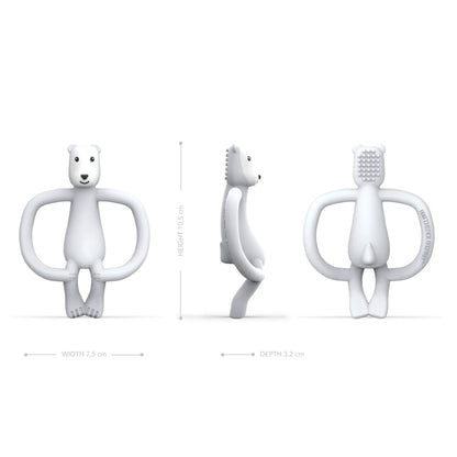 A white polar bear teether shown from the front, side and back with measurements illustrating its height, width and depth.