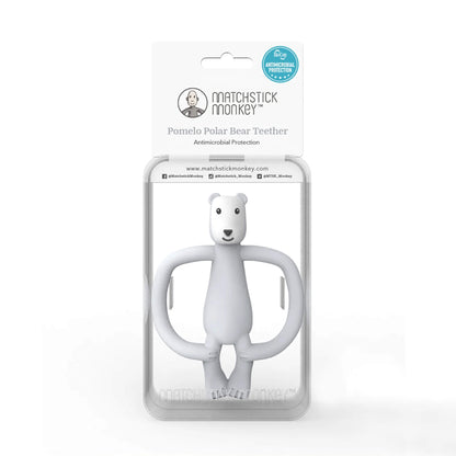 A packaged polar bear teether inside a clear plastic fronted retail box with a white header card showing the product name.