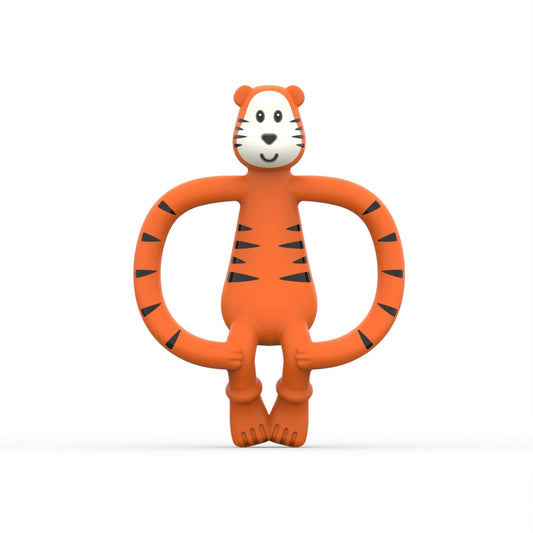 Teddy Tiger Matchstick Monkey Teether shown upright with orange silicone body, rounded loop arms and a friendly tiger face.