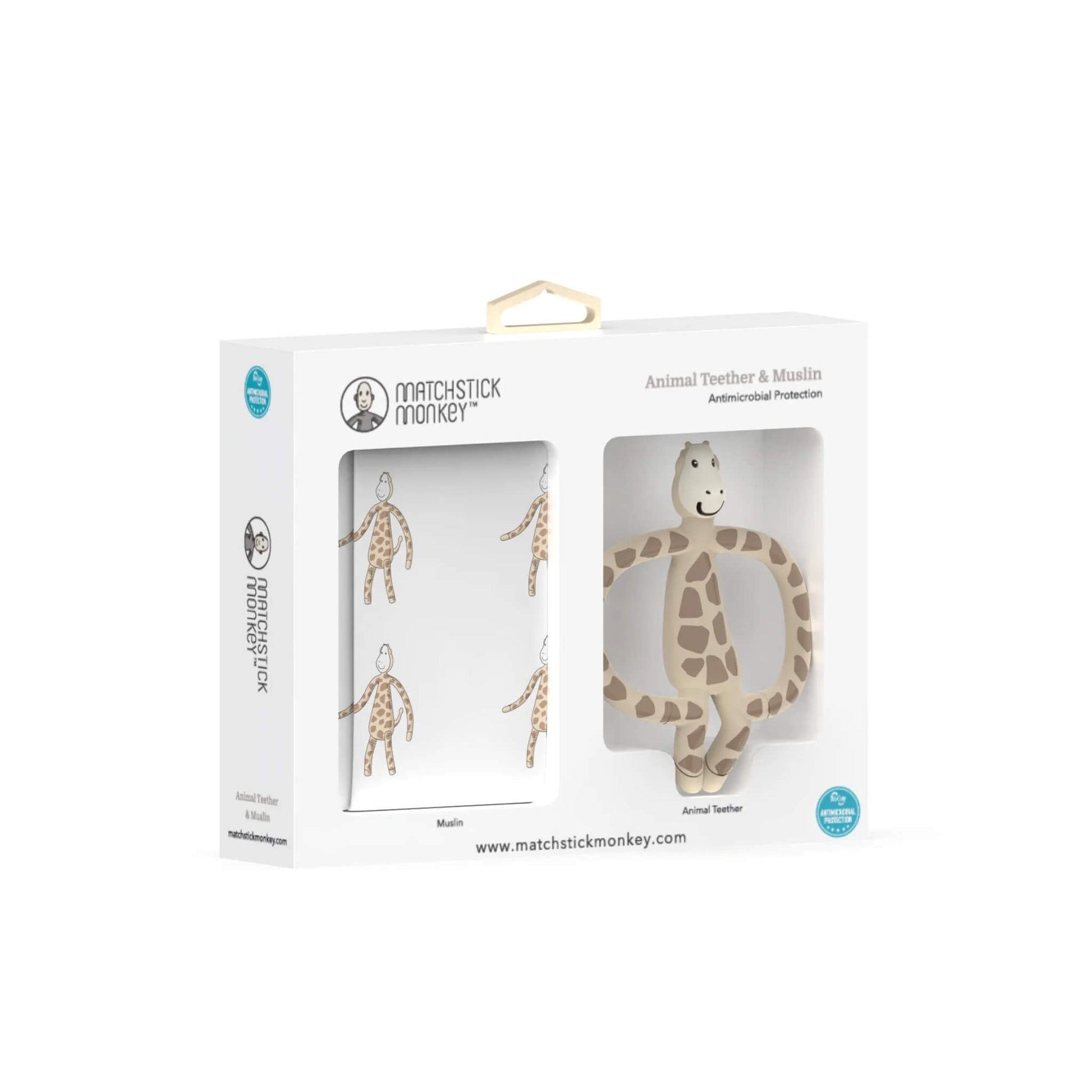 Matchstick Monkey Animal Teether & Muslin Gift Set in the Gigi Giraffe design shown in its retail box with a giraffe-shaped silicone teether and matching printed muslin cloth visible through the packaging window.
