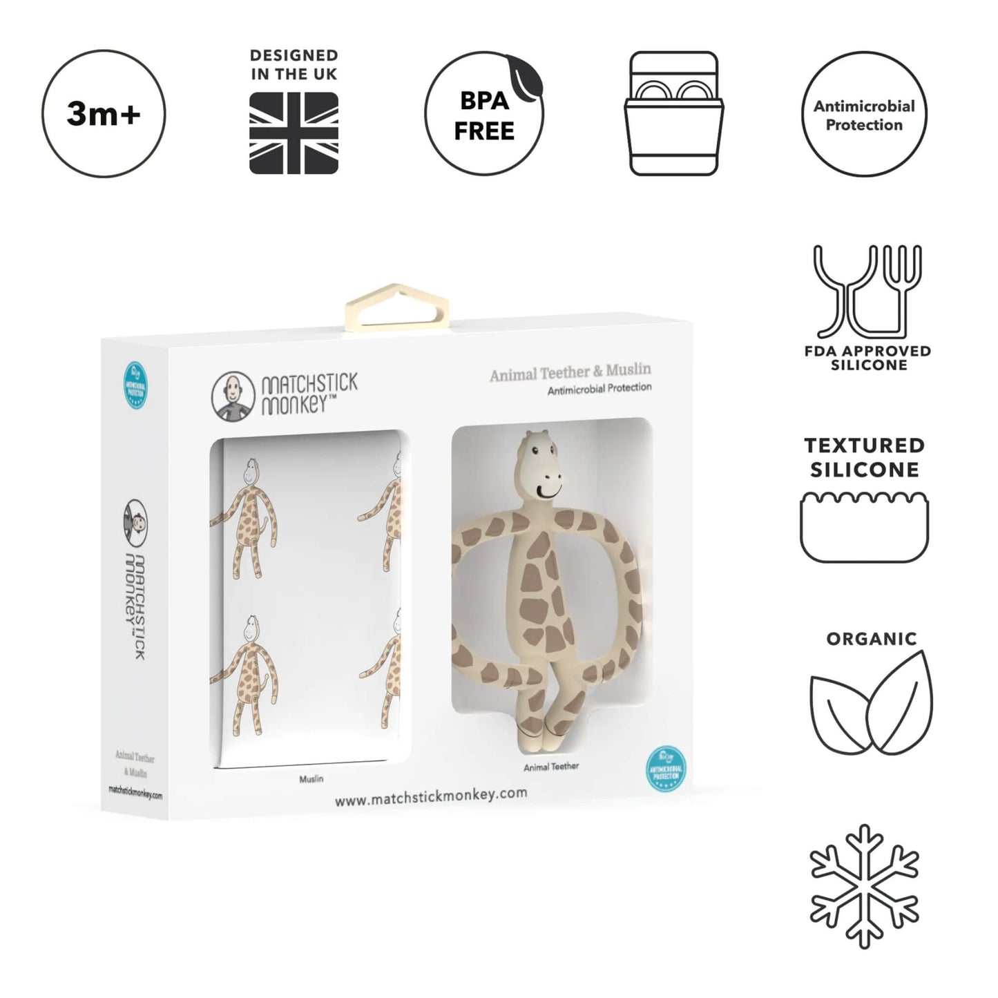 A gift set box containing a giraffe-shaped silicone teether and a matching printed muslin cloth, photographed beside simple black line icons indicating features such as BPA-free material, antimicrobial protection and FDA-approved silicone.
