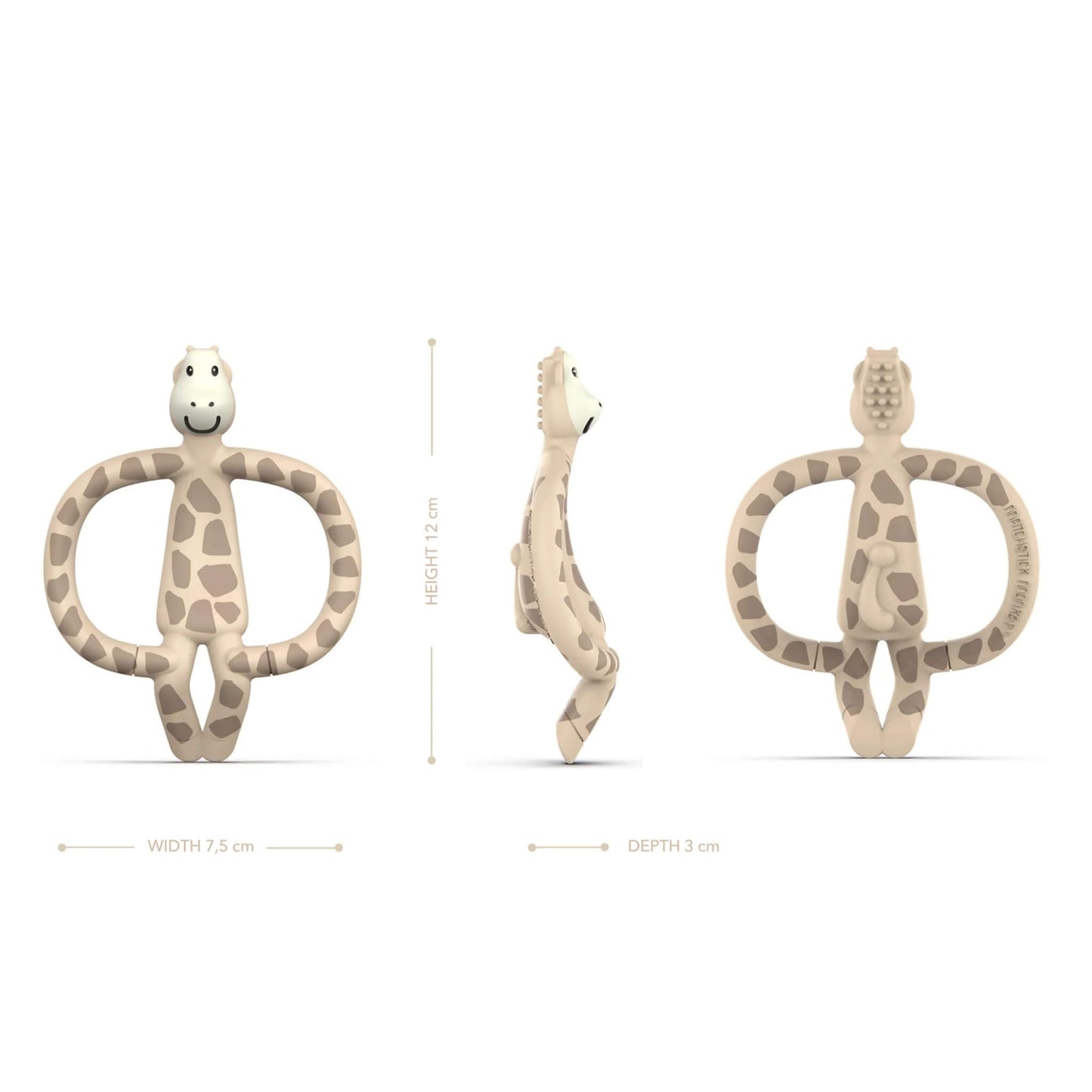 A giraffe-shaped silicone baby teether shown from the front, side and back, with measurements for height, width and depth displayed alongside each view.