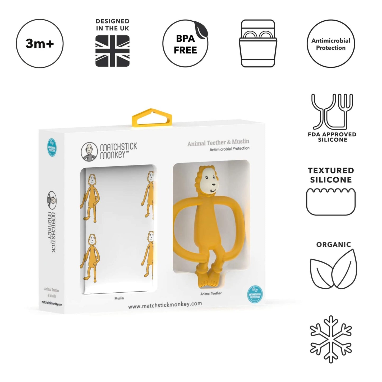 A boxed set containing a yellow lion-shaped silicone teether and a folded white muslin patterned with small lion illustrations, surrounded by icons that highlight the product features.