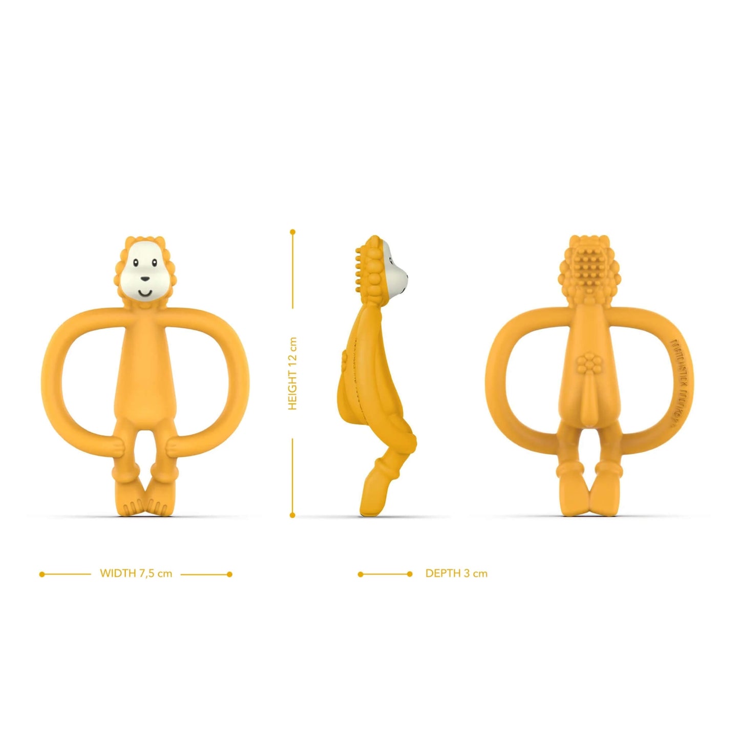 Three side-by-side views of a yellow lion-shaped silicone teether showing the front, side and back angles, with measurements printed above and below the images.