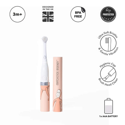Baby electric sonic toothbrush with feature icons showing 3 months plus age suitability, BPA free materials, antimicrobial protection and gentle vibration brushing.
