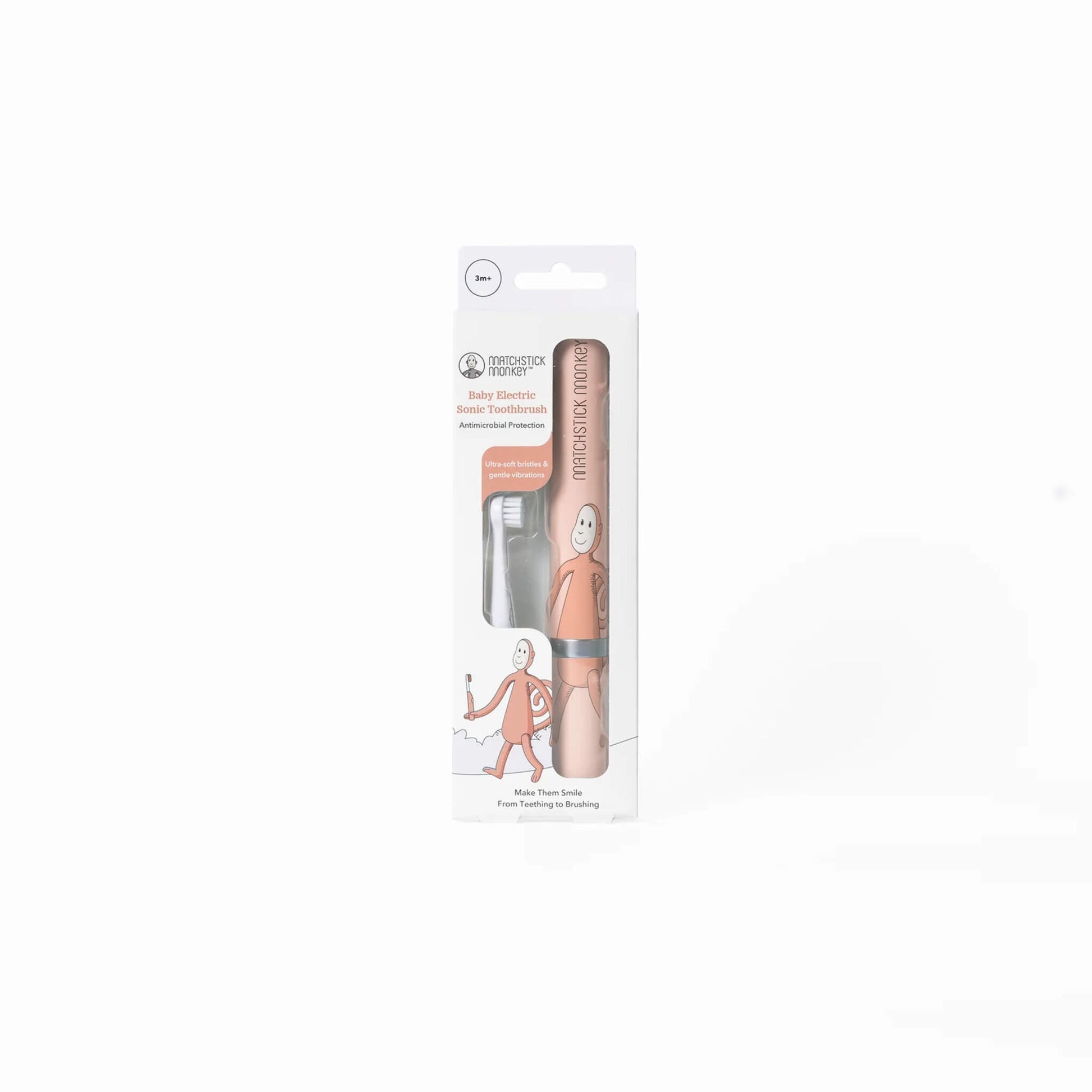 Retail packaging showing baby electric sonic toothbrush with replacement brush head visible inside the box.