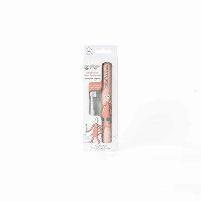 Retail packaging showing baby electric sonic toothbrush with replacement brush head visible inside the box.