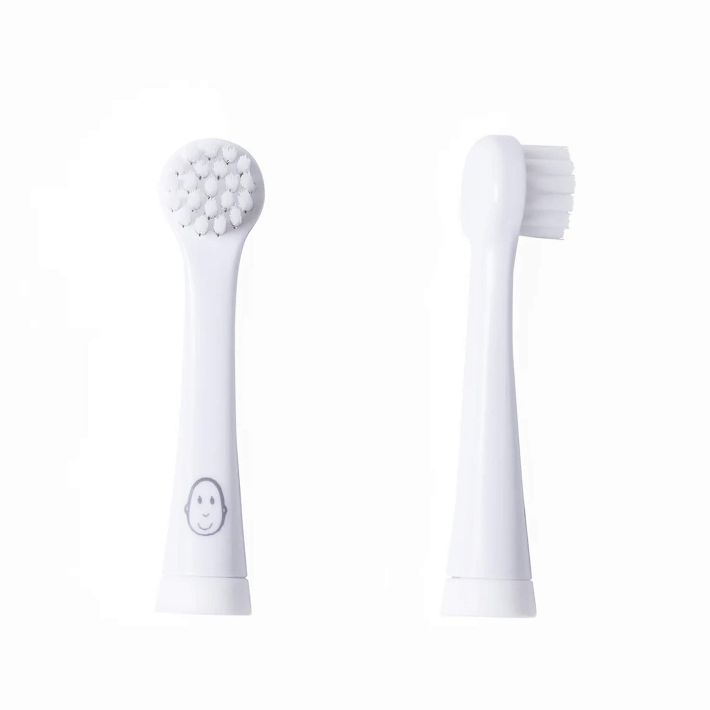 Matchstick Monkey Baby Electric Sonic Toothbrush Replacement Heads showing two white replacement heads side by side, one with soft bristles and one with a rounded silicone-style textured tip.